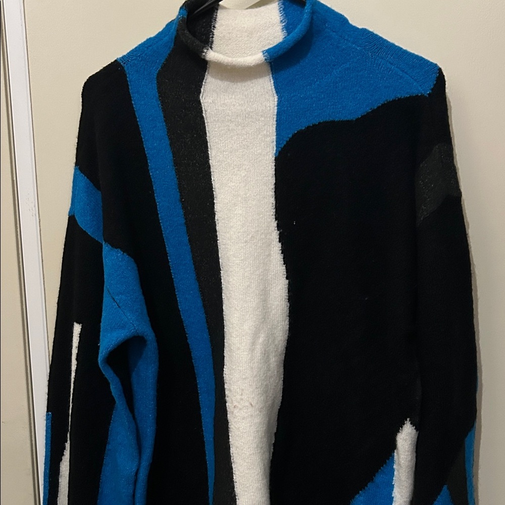 DKNY Women's Cowl Neck Sweater in Blue, Black, and White